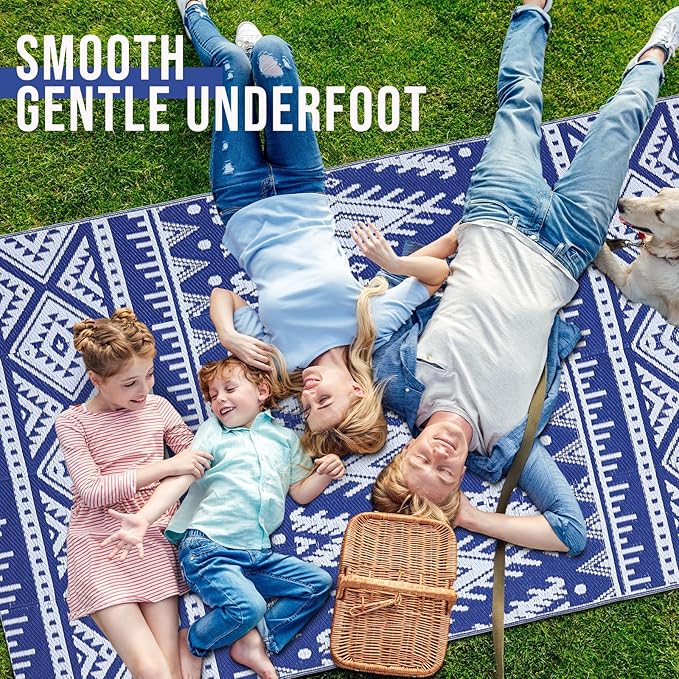 OLANLY Outdoor Rug Waterproof 5x8 ft, Reversible Outdoor Plastic Straw Rug, Boho Patio Rug, Indoor Outdoor Carpet, RV Mat Outside for Patio, Camp, Picnic, Balcony, Deck, Backyard, Blue & White