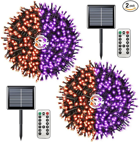 JMEXSUSS 2 Pack Purple and Orange Solar Christmas Lights, Total 400 LED 151FT Color Changing Solar String Lights Outdoor Waterproof for Outside Patio Yard Tree Halloween Christmas Decorations