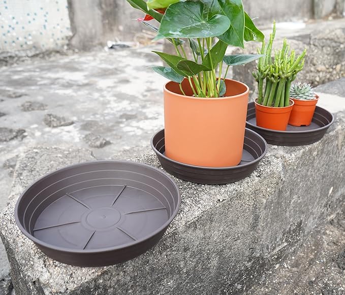Plant Saucer 6 Inch 4 Pack 6 8 10 12 14 16 18 20 25, Plastic Plant Trays for Pots，Extra-Deep Plant Water Dray Tray, Bird Bath Bowl, Heavy Flower Plant saucers Indoors and Outdoor No Holes 6in-4 brown