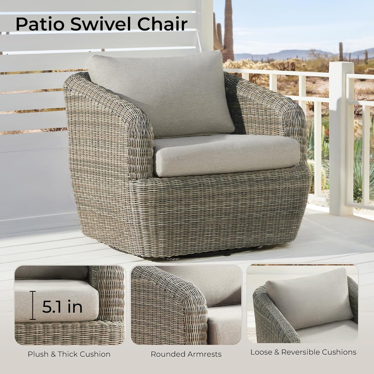 CHITA 2 Pieces Patio Wicker Furniture Set, Outdoor Rattan Chair Set with Removable Thickened Cushions, Fully Assembled(Gray Cushions with Brownish Gray Wicker)