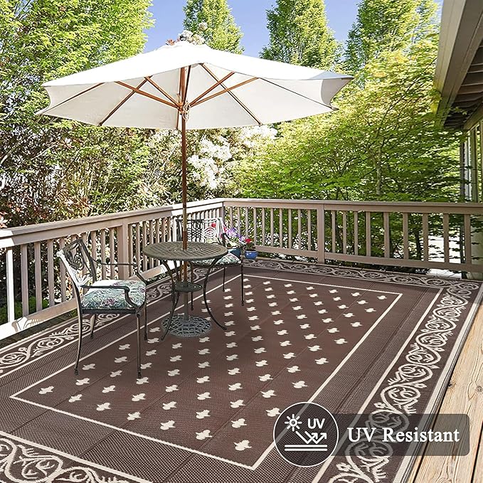 Pauwer Waterproof Outdoor Rug 8x10, Reversible Plastic Straw Patio Camping Rug, Indoor Outdoor RV Mat Carpet for Deck, Camper, Porch, Balcony, Backyard, Picnic, Bordered Brown