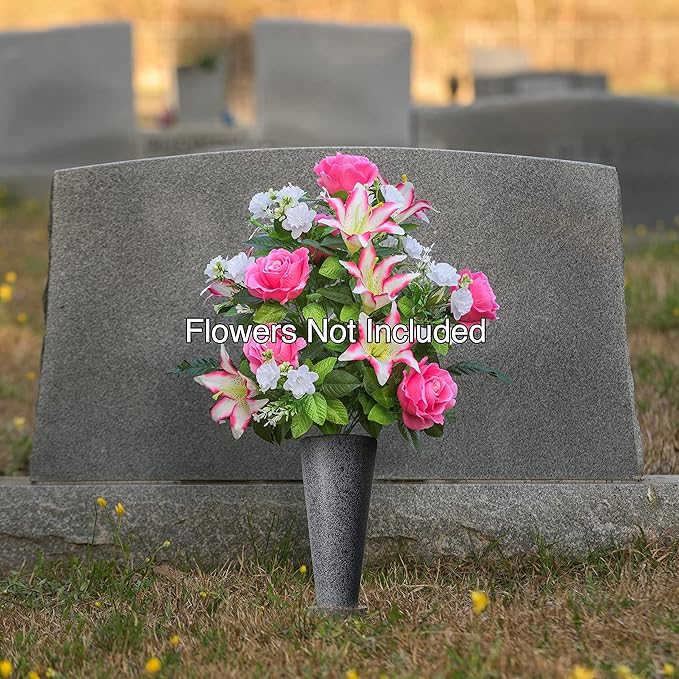 Cemetery Vase with Stakes-Plastic Flower Vases with 2 Ground Spikes, Draining Holes - for Garden, Lawn, Yard - Memorial Grave Decorations 12.7x3.4.x3.9, Black Granite Design