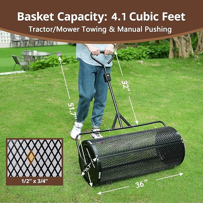 Compost Spreader 36 Inch Towable Peat Moss Spreader with Installation Support Accessories, Metal Mesh Roller Lawn Spreader for Top Soil, Manure, Mulch, Top Dressing - Garden spreaders for lawns