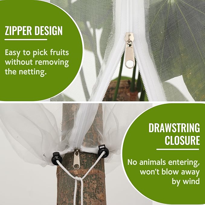 2 Pack Fruit Tree Netting Bags with Zipper and Drawstring, Ultra Fine Mesh Garden Netting Plant Cover, Bird Netting for Blueberry Bushes, Fruit Vegetable Trees, Flowers (White, 10 x 10 ft)