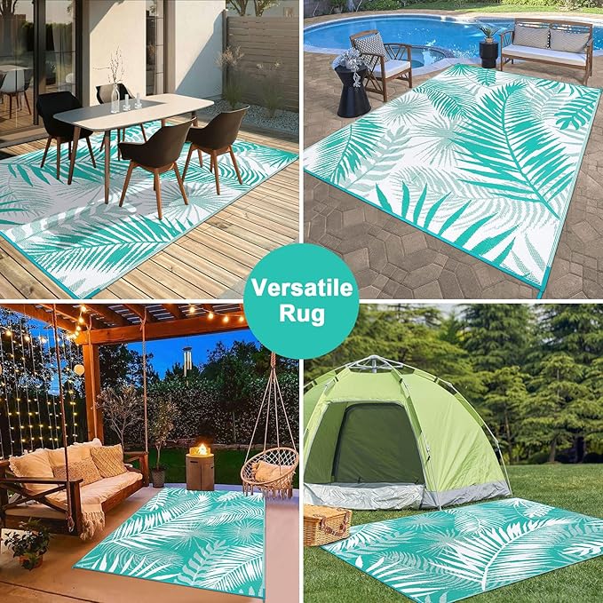 Outdoor Rug 8'x10' Waterproof for Patios Clearance, Reversible Outdoor Plastic Straw Rug Camping Carpet, Outside Floor Mats Large Area Rugs for RV,Patio,Deck,Porch, Beach,Balcony,Teal&White