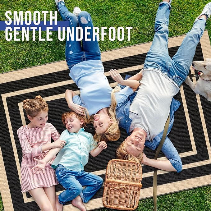 OLANLY Outdoor Rug 5x8 ft Waterproof, Reversible Outdoor Plastic Straw Rug, RV Mat, Indoor Outdoor Carpet Clearance for Patio, Camping, Balcony, Deck, Backyard, Black & Beige