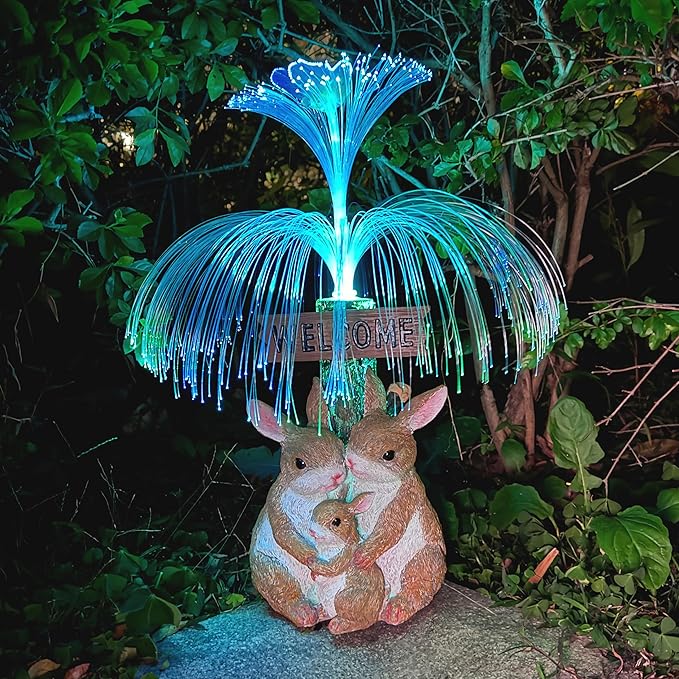 Solar Rabbit Garden Statues,Resin Rabbit Family Figurine with Welcome Card and 7-Color Changing Optical Fiber with Solar Lights, Lawn Decor Outdoor Statue for Patio,Balcony,Yard,Lawn