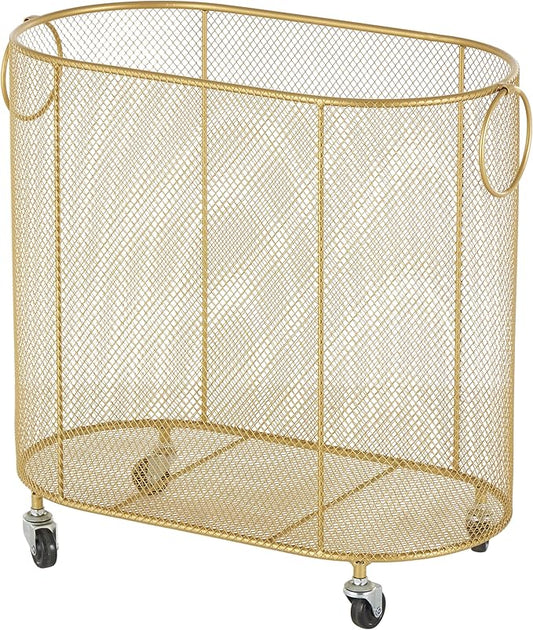 Deco 79 Metal Storage Cart Oval Mesh Wire Rolling Laundry with Ring Handles, 21" x 12" x 21", Gold