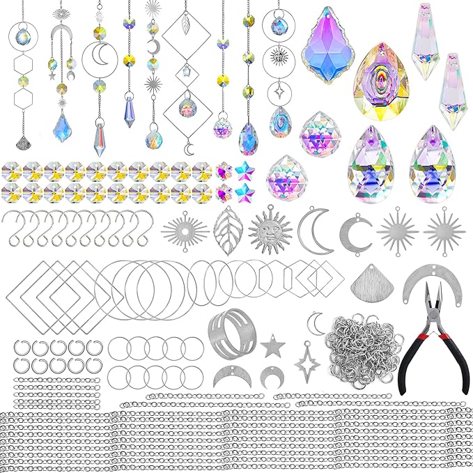 H&D HYALINE & DORA DIY Crystal Suncatcher Assembly Craft Kits for Adults 215pcs Rainbow Prisms Beads Pendant Crystal Window Sun Catchers Hanging Ornament Indoor Outdoor Decor, Silver