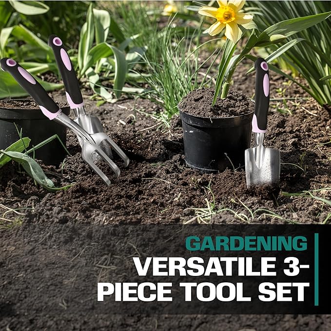 2WAYZ - Garden Tool Set - Heavy Duty 3-Piece Gardening Kit - Aluminum Alloy Spade Shovel, Transplant Hand Trowel, and Cultivator Rake - Ergonomic Non-Slip Rubber Grip - Ideal Garden Tools Gift