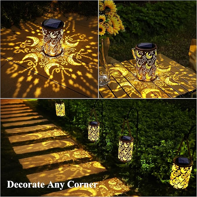 Toodour Solar Lantern Outdoor, Hanging Solar Outdoor Lights Garden Decor, Waterproof Hollow Out Retro Metal Moon Decorative Lights for Patio, Balcony, Yard, Walkway, Landscape, Outdoor Decorations