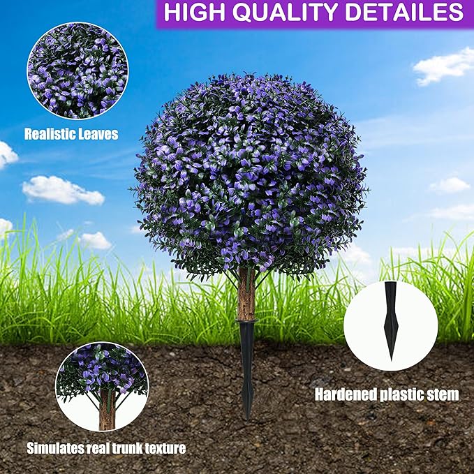 Set of 2 Artificial Boxwood Topiary Ball Trees Outdoor Faux Shrubs Artificial Boxwood Plants with Ground Spike, 24" Lavender Fake Evergreen Tree UV Resistant for Planter,Potted,Fall