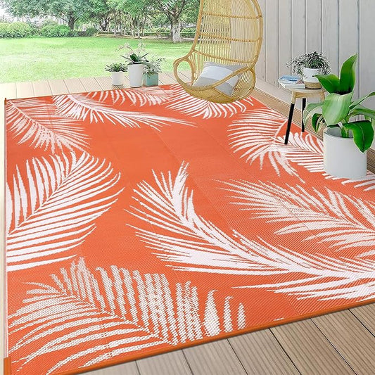 Pauwer Waterproof Outdoor Rug 6x9, Reversible Plastic Straw Patio Camping Rug, Indoor Outdoor RV Mat Carpet for Deck, Camper, Porch, Balcony, Backyard, Picnic, Leaf Orange