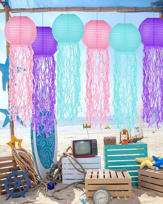18 Pcs Jellyfish Paper Lanterns Mermaid Birthday Decorations Hanging Lantern Lamps for Ocean Theme Decor Under The Sea Party Supplies