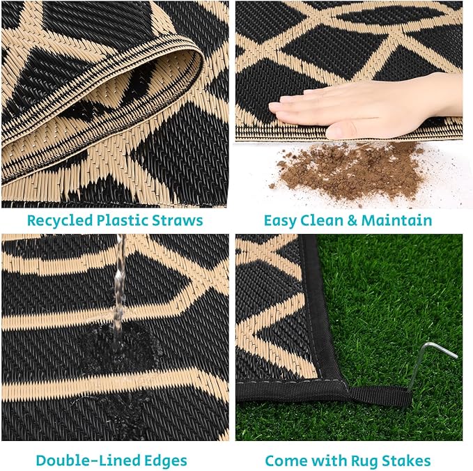 HEBE Outdoor Rug Waterproof 8x10, Reversible Plastic Straw Rug RV Camping Rug, Indoor Outdoor Patio Mat Clearance, Outside Carpet for Porch,Deck,Camper,Balcony,Backyard,Picnic