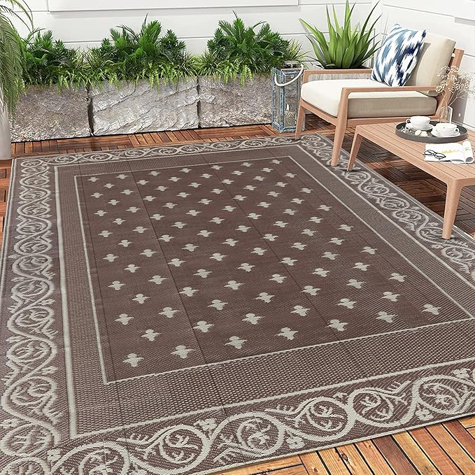 Pauwer 9'x12' Reversible Outdoor Rug, Waterproof Plastic Straw Area Rug for Patios, RV Mat, Camping, Picnic, Beach, Balcony, Pet Friendly, Lightweight