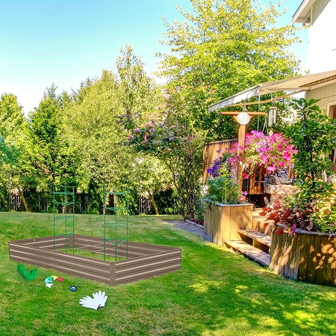 ONCEMORE Galvanized Raised Garden Bed for Vegetables Flowers Herbs, Metal Raised Garden Bed Kit with 2 PCS Tomato Cage, Gloves, Trellis Netting, Plant Labels, Plant Ties, Brown 8×4×1FT