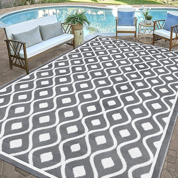 Pauwer Reversible Outdoor Rug, 9'x12', Waterproof, Polypropylene, Moroccan Grey, Area Rug for Patio, RV, Camping, Picnic, Backyard, Deck, Balcony, Porch