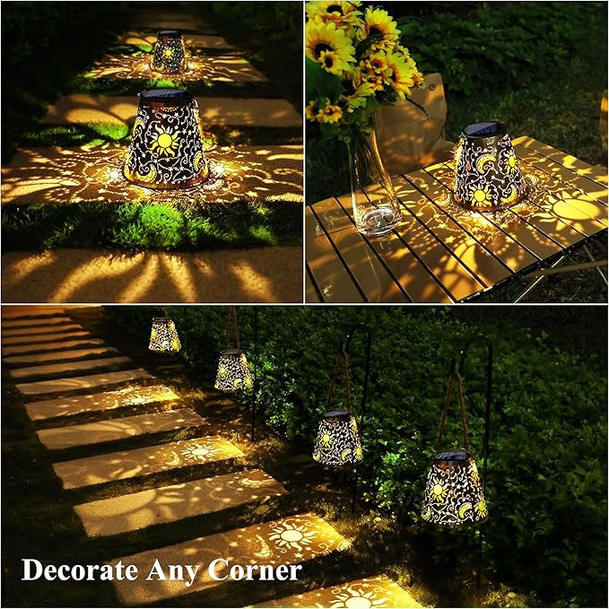 Toodour Solar Lantern Outdoor, Hanging Solar Outdoor Lights Garden Decor, Waterproof Hollow Out Retro Metal Sun & Moon Decorative Lights for Patio, Balcony, Yard, Walkway, Outdoor Decorations