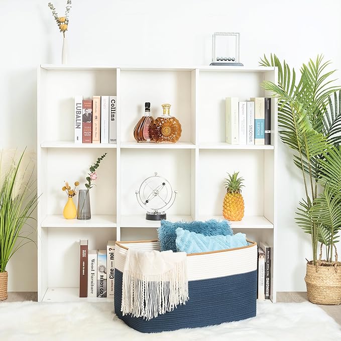 MINTWOOD Design 22in Extra Large Blanket Basket Holder Living Room, Rectangle Rope Woven Storage Basket with Handles for Laundry, Pool Towels, and Shoes, Dog Toy Organizer Bin Box, Prussian Blue