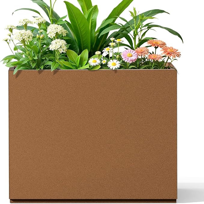 FENCY Metal Planter Box, Large Rectangular Planters for Outdoor Plants, Outdoor Tall Planters with Drainage Holes, Brown Metal Planters (30" L x 12" W x 24" H)