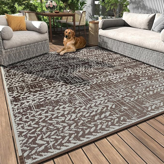 MontVoo Outdoor Rug Waterproof-Patio Rug Mat 5x8 Outdoor Carpet Reversible RV Camping Picnic Plastic Straw Rug Outside Outdoor Area Rug for Balcony Deck Backyard Patio Decor Boho Modern-Brown