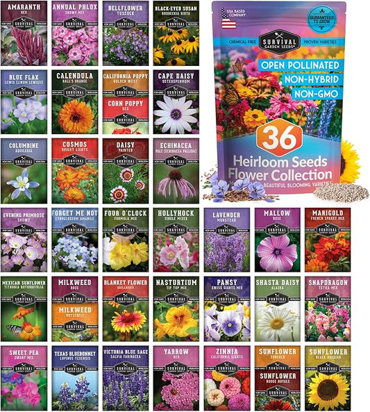 Survival Garden Seeds Functional Flower Garden Kit | 36 Pack Seed Starter Collection | Bee, Butterfly, Hummingbird, Pollinator-Friendly Blooms | Non-GMO Heirloom Beneficial Flowers & Wildflowers