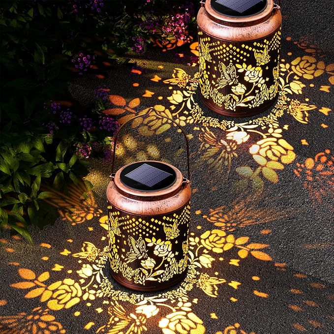 Hyriony Butterfly Solar Lanterns Outdoor Waterproof Metal Hanging Lights, Garden Decor Gifts for Women, Mom, Grandma Solar Decorations for Yard, Patio, Backyard, Porch, Lawn, Walkway, Tabletop
