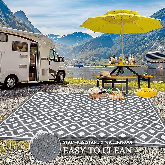 Pauwer Waterproof Outdoor Rug 6x9, Reversible Plastic Straw Patio Camping Rug, Indoor Outdoor RV Mat Carpet for Deck, Camper, Porch, Balcony, Backyard, Picnic, Geometric Grey