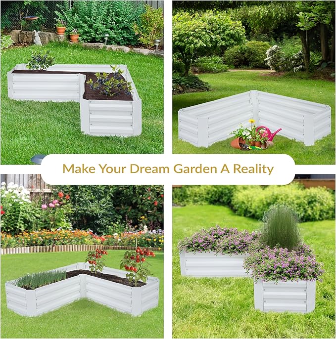 Sunnydaze Galvanized Raised Garden Bed - Metal Raised Bed for Gardening - Outdoor Planter Box for Flowers, Plants, and Vegetables - Ivory White - 12” H L-Shaped