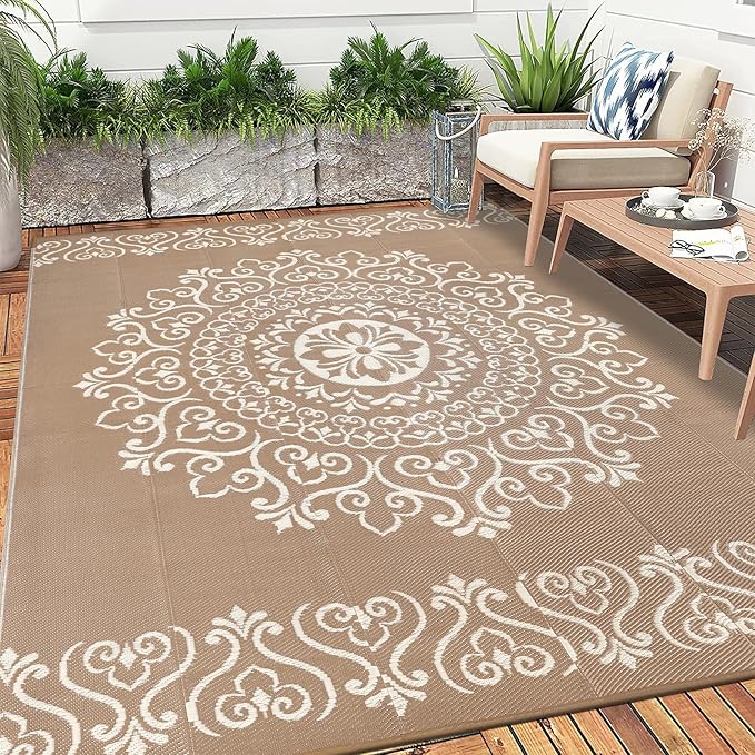 Pauwer Waterproof Outdoor Rug 6x9, Reversible Plastic Straw Patio Camping Rug, Indoor Outdoor RV Mat Carpet for Deck, Camper, Porch, Balcony, Backyard, Picnic, Floral Brown