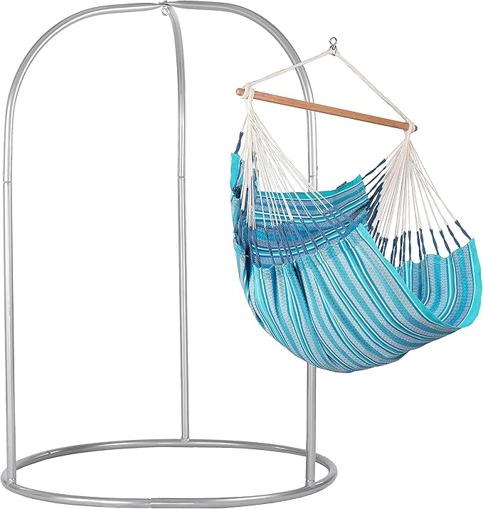 LA SIESTA - Large Comfort Habana Cotton Hammock & Romano Steel Stand - Indoor Outdoor Hanging Chair Swing for Bedroom Porch Balcony - Boho Hanging Chair - Azure