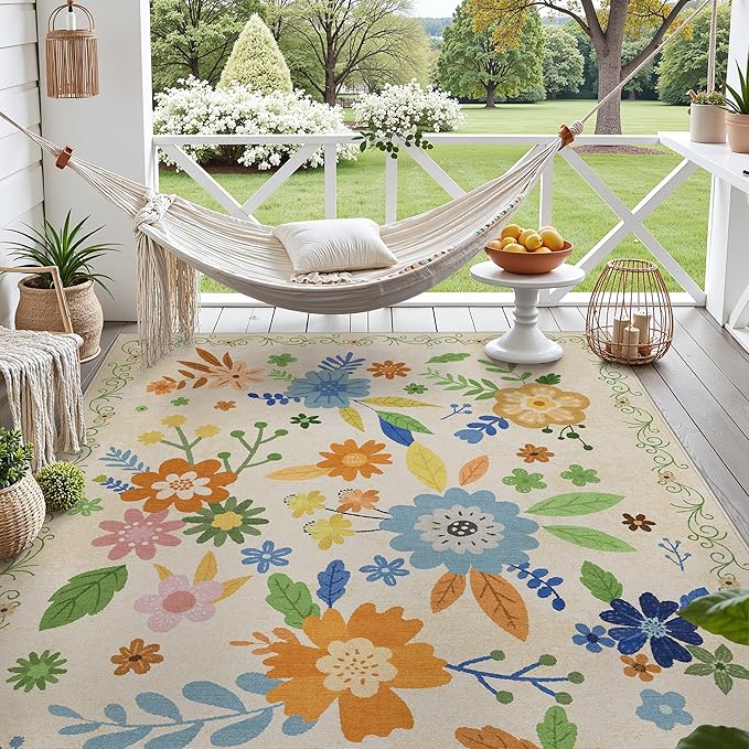 GENIMO Indoor Outdoor Area Rug 8' X 10' Waterproof, Washable Door Mat Non Shedding, Easy Cleaning Floral Outdoor Carpet for Patio, Entryway, Porch, Bathroom, Living Room, Bedroom, Backyard