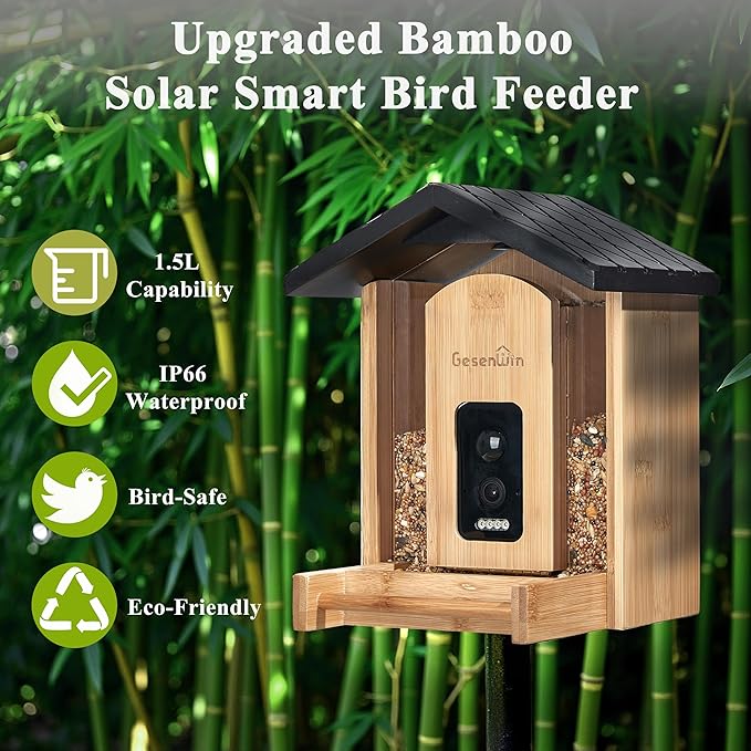 Smart Bird Feeder with Camera for Wild Birds - Identifies 11,000+ Species, Solar Panel Wireless Outdoors Bamboo Birdhouse with Cam, 2K HD Live Video & Instant Alerts - Bird Lover Gifts