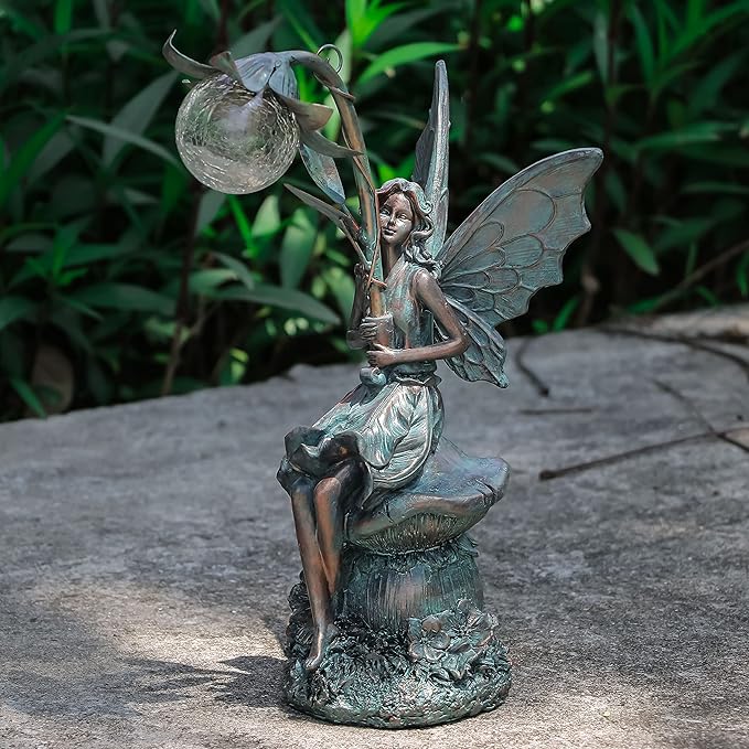 TERESA'S COLLECTIONS Garden Statues Fairy Sculptures & Statues, Outdoor Solar Light Garden Decor Resin Patina Bronze Figurines for Outdoor Decor, Valentines Decorations Gifts for Women Mom, 13.8''