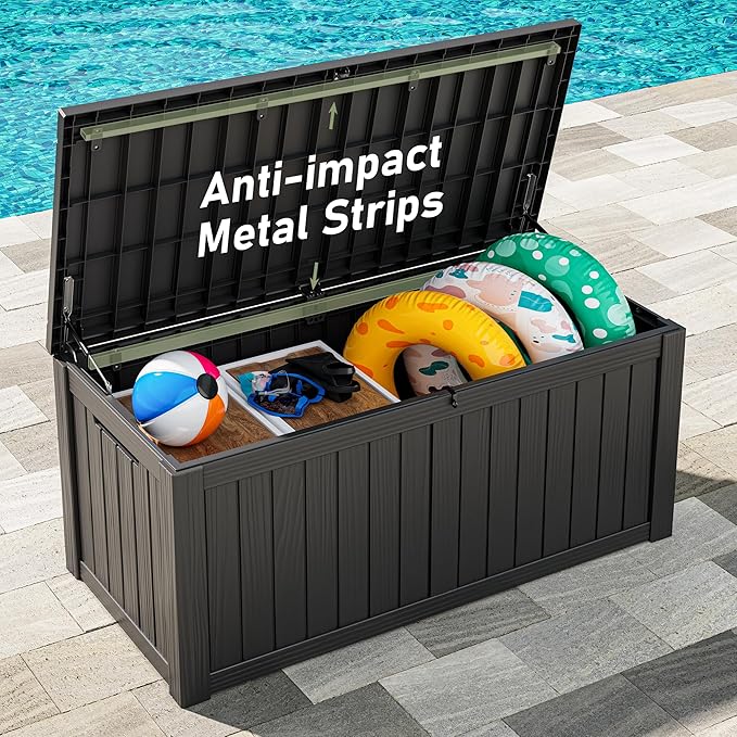 NUNU LAB Outdoor Storage Box,120 Gallon Deck Box,Resin Waterproof Outside Storage Bench,Outdoor Storage Cabinet With Lockable Lid,Backyard Deck Box For Garden Tools,Patio Cushions,Pool Accessories
