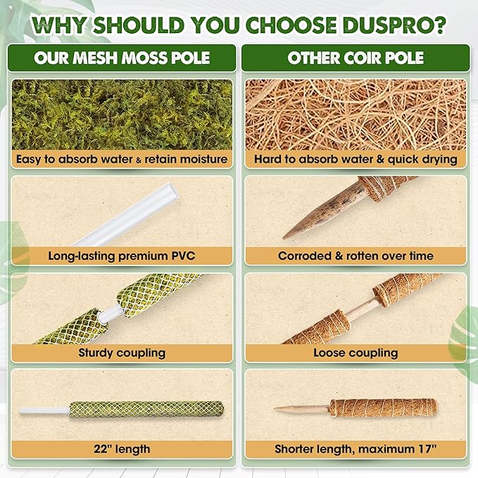 DUSPRO Stackable Mesh Moss Pole for Plants Monstera Potted Plant Stakes for Indoor Plants Extendable Plant Pole Moss Sticks for Plants Climbing Vine Supporting Monstera Trellis 2Pack 22''