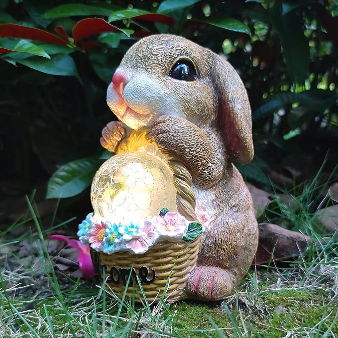 Solar Rabbit Garden Outdoor Statues,Resin Rabbit Figurine Carrying Flower Basket and Magic Orb with Solar LED Lights, Lawn Decor Outdoor Statue for Patio, Balcony, Yard Ornament