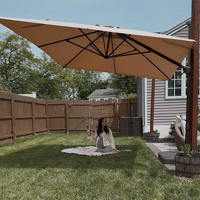 PURPLE LEAF 8 Feet Cantilever Patio Umbrella Square Umbrella with 360° Rotation and Aluminum Offset Hanging Outdoor Umbrella for Pool Garden Backyard Deck, Taupe