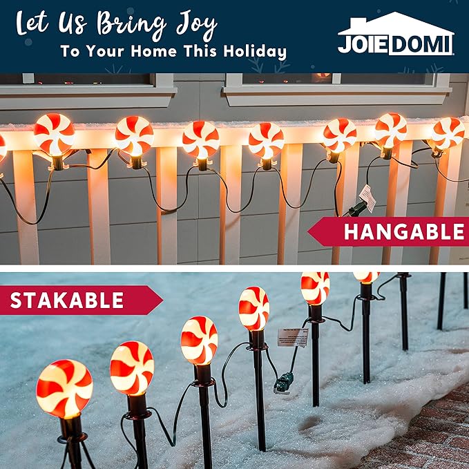 Joiedomi Set of 14 Christmas Lollipop Pathway Lights Outdoor with Stakes and Clips, 14.3 FT Plug in Peppermint Walkway String Lights for Christmas Decoration, Yard, Pluggable, Hangable, Waterproof