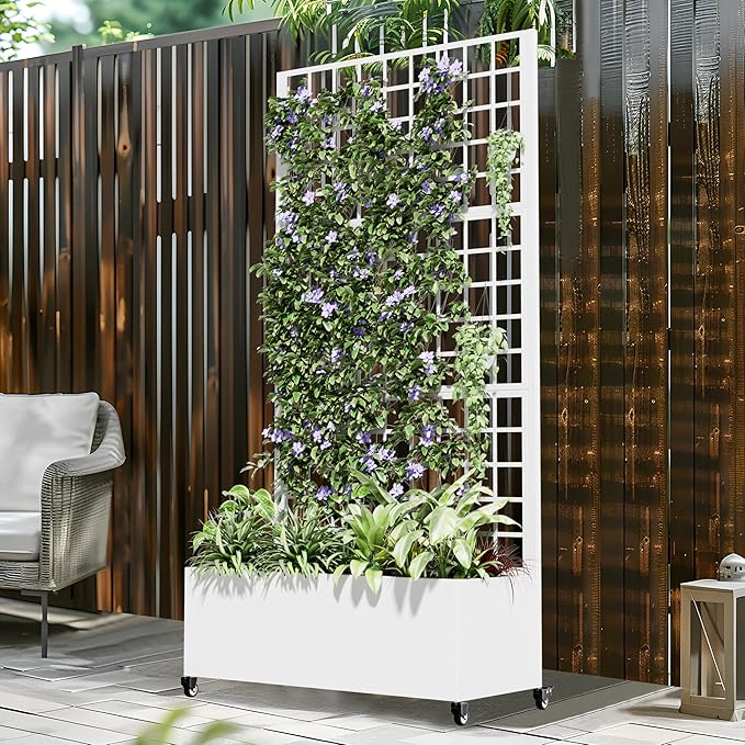 Casaphoria Metal Raised Garden Bed with Trellis and Wheels, 72"x35"x16" Planter Box for Climbing Plants, Vegetables & Vines, Features Drainage Holes and Privacy Screen (White-Square)