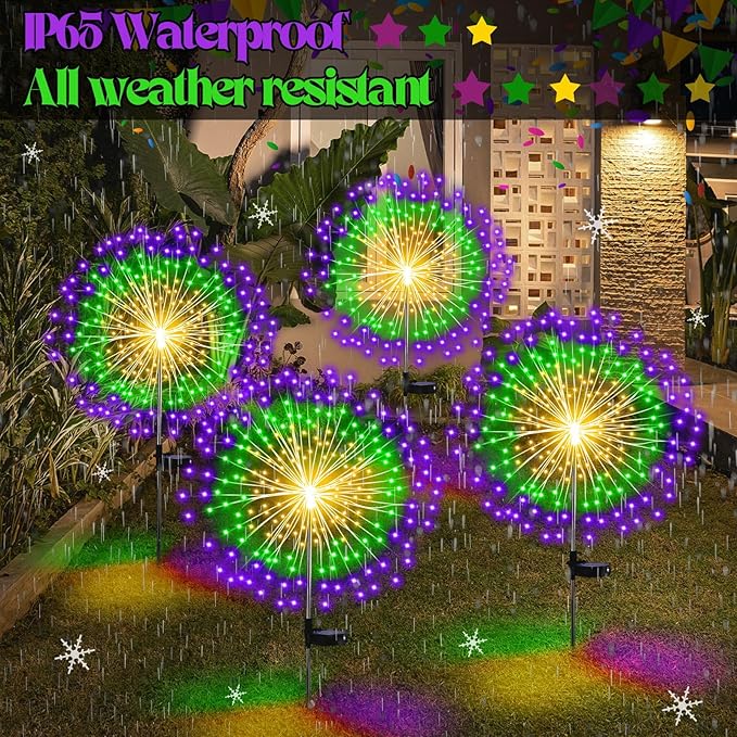 4th of July Decorations Outdoor 4 Pack Solar Power Yard Firework Lights Patriotic Garden Waterproof Solar Lights with 180 LED 8 Modes for Independence Day Party Decoration(Green, Yellow, Purple)