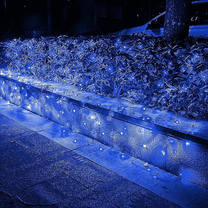 Dazzle Bright Christmas Net Lights, 360 LED 12FT x 5 FT Green Wire Waterproof Connectable String Lights with 8 Modes, Christmas Outdoor Lights for Bushes Garden Party Wedding Holiday Decoration (Blue)
