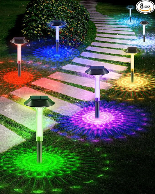 Color Changing Solar Pathway Lights - 8 Pack IP68 Waterproof Outdoor Solar Lights with 7 RGB Lighting Modes for Yard, Garden, Walkway, Pathway, Backyard, Lawn, Landscape Decoration