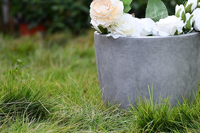 Kante 14 Inch Dia Round Concrete Planter, Indoor Outdoor Large Plant Pot with Drainage Hole and Rubber Plug for Home Patio Garden, Natural Concrete