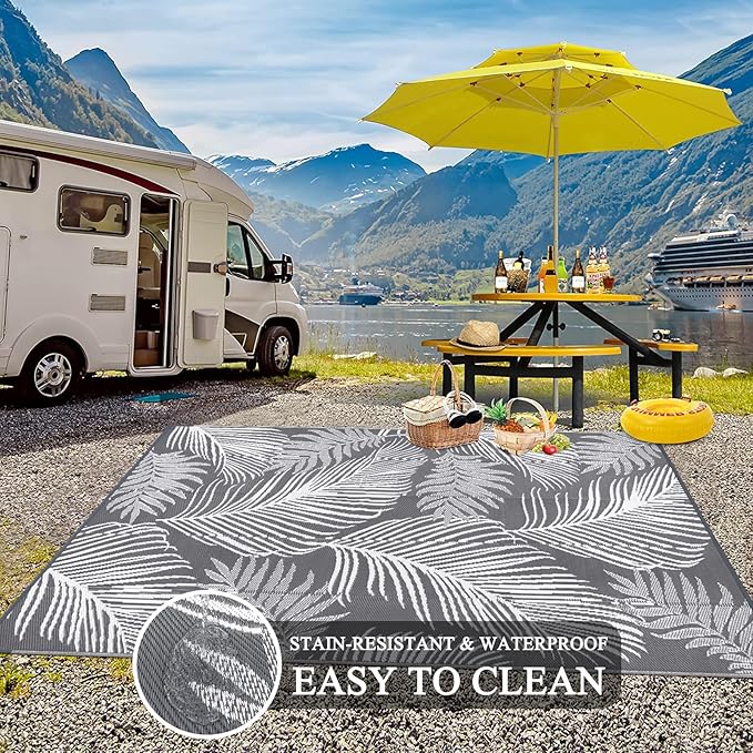 Pauwer Waterproof Outdoor Rug 9x12, Reversible Plastic Straw Patio Camping Rug, Indoor Outdoor RV Mat Carpet for Deck, Camper, Porch, Balcony, Backyard, Picnic, Leaf Grey