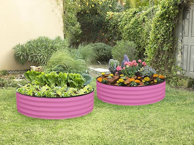 Round Galvanized Raised Garden Bed // 4×4×1 ft Galvanized Raised Garden Beds Outdoor for Gardening, Vegetables, Flowers // Patented Tool-Free Design Round Planter (Pink)