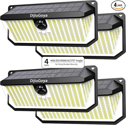 Solar Security Lights, 466 LED 4000 Lm - 270° Motion Sensor, IP68 Waterproof, 3 Lighting Modes, Dusk-to-Dawn Outdoor Flood Light for Fence Garden Backyard Garage - Pack of 4