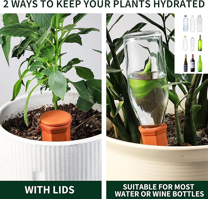 Large Terracotta Watering Spikes with Lids, Automatic Plant Waterer Outdoor | Indoor, Vacation Friendly Clay Plant Watering Devices System, Slow Release Self Watering Planter Insert, 6 Pack