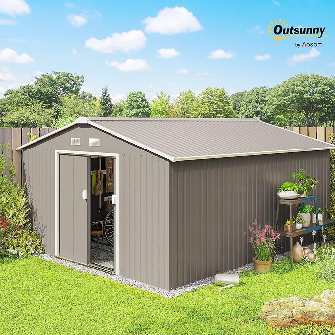 Outsunny 11' x 13' Outdoor Storage Shed, Garden Tool Metal Shed with Foundation Kit, Double Lockable Door, Air Vents and Sloping Roof, for Backyard, Patio, Lawn, Light Gray